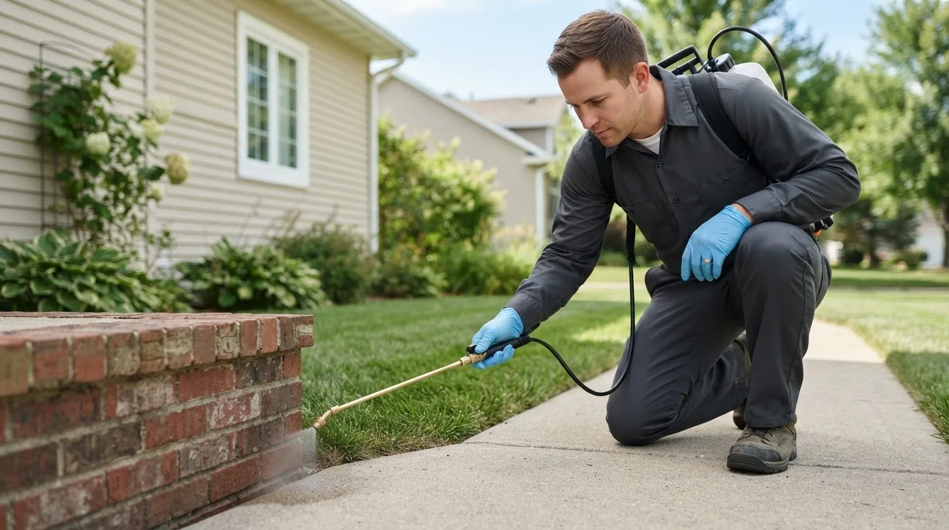 Pest control technician treating a home near Tahlequah, OK