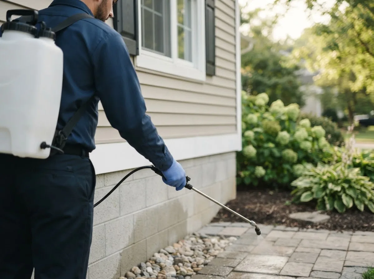 Pest control technician inspecting a home in Tahlequah, OK